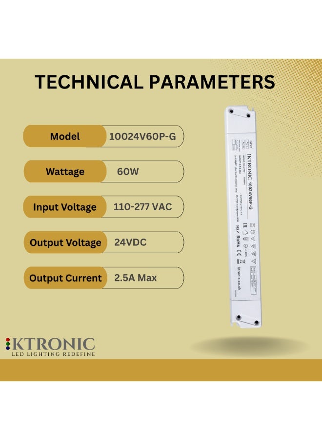 KTRONIC 60W 24V LED Driver – Ultra Slim LED Driver, 110-277VAC to 24V DC 2.5A. - Image 2